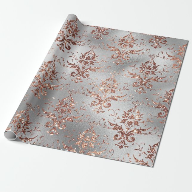 Rose Gold Glitter Scroll Work on Grey Wrapping Paper (Unrolled)