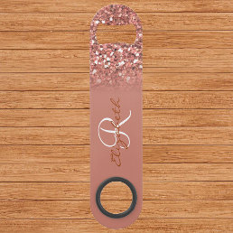 Rose Gold Glitter Sequin Look Monogram Stylish Bar Key