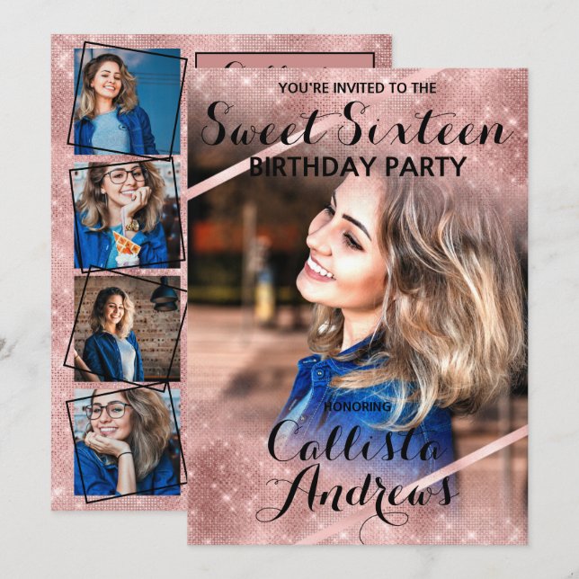 Rose Gold Glitter Sequins Corners Photo Sweet 16 Invitation (Front/Back)