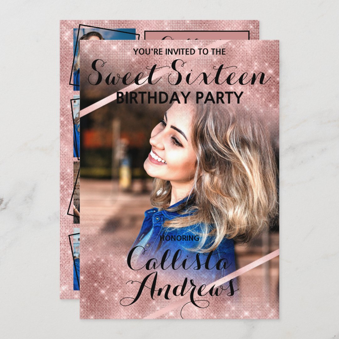 Rose Gold Glitter Sequins Corners Photo Sweet 16 Invitation Zazzle