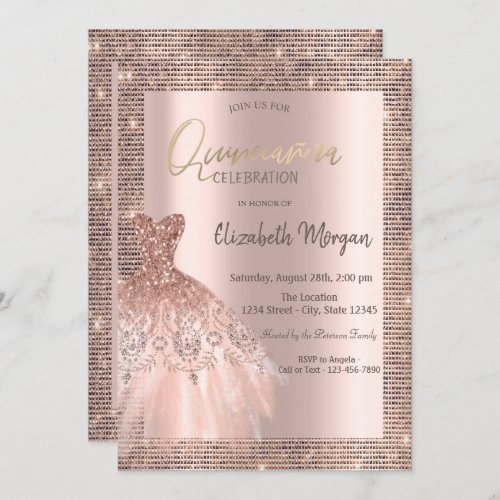 Rose Gold Glitter Sequins Frame Dress Quinceaera Invitation