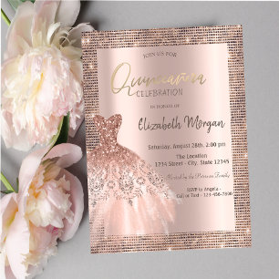 Rose Gold Glitter Sequins Frame Dress Quinceañera Invitation