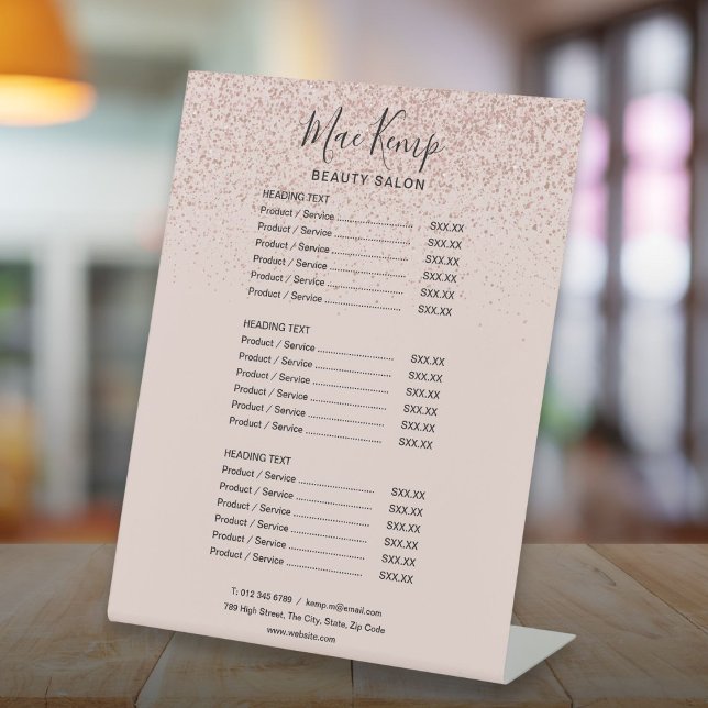 Rose Gold Glitter Service Menu Price List Pedestal Sign (Rose Gold Glitter Service Menu Price List Pedestal Sign)