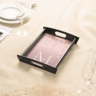 Rose Gold Glitter Serving Tray Custom Letter Name