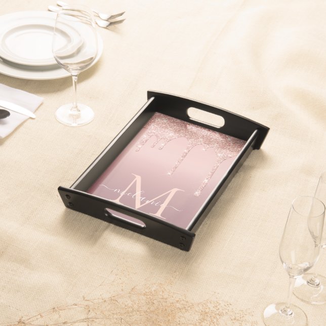 Rose Gold Glitter Serving Tray Custom Letter Name (Front)