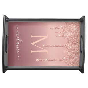 Rose Gold Glitter Serving Tray Custom Name Letter