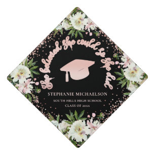 Rose Gold Glitter She Believed She Could Floral Graduation Cap Topper