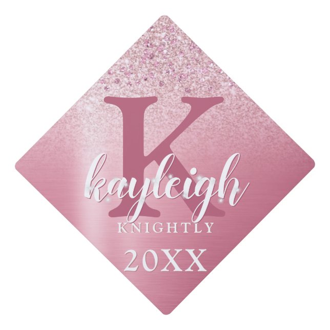 Rose Gold Glitter Shimmer Monogram Name Sparkle Graduation Cap Topper (Front)