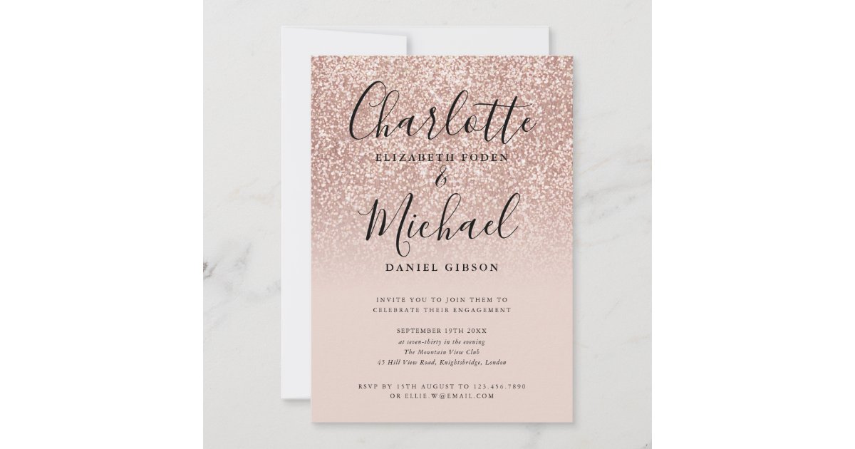 Rose Gold Glitter Signature Engagement Party Invitation | Zazzle