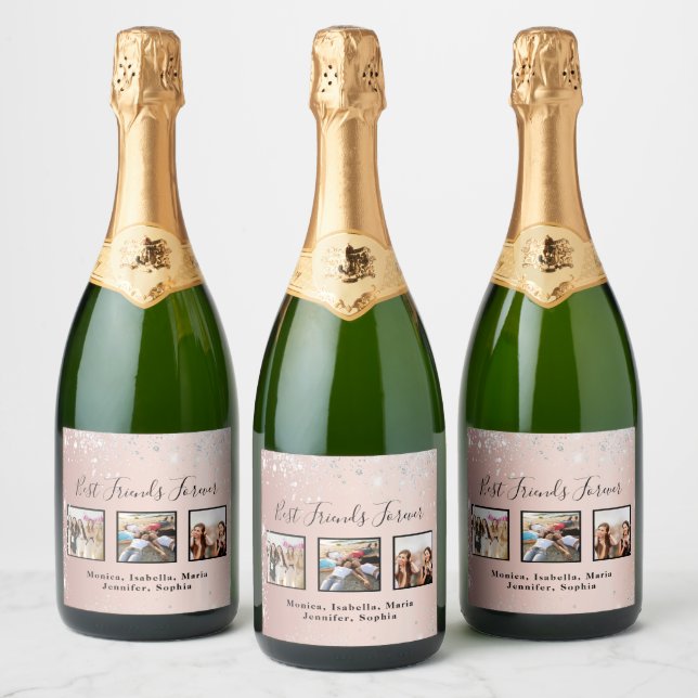 Rose gold glitter silver best friends photo sparkling wine label (Bottles)