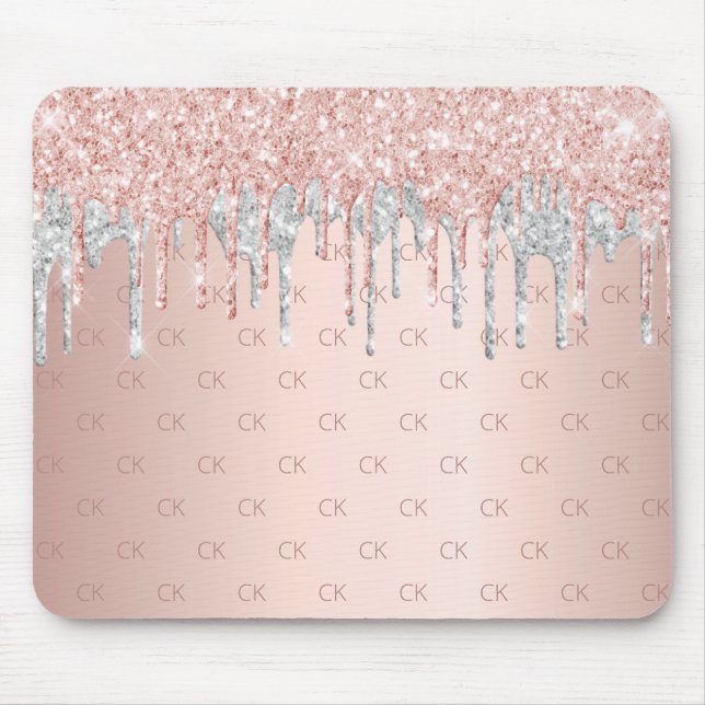 Rose gold glitter silver blush monogram initials mouse pad (Front)