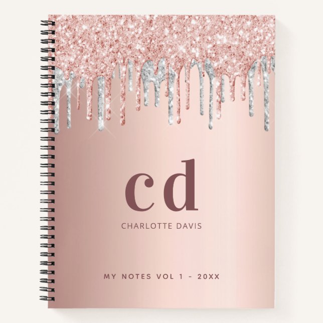 Rose gold glitter silver blush monogram initials notebook (Front)