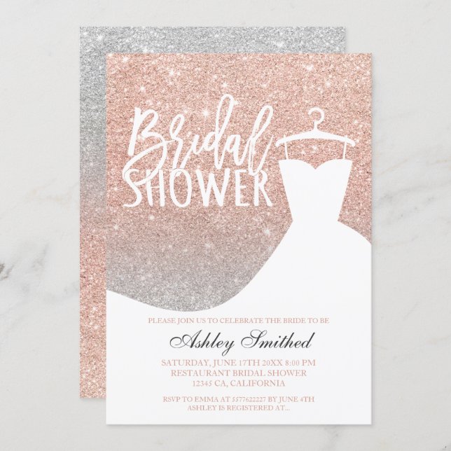 Rose gold glitter silver chic dress Bridal shower Invitation (Front/Back)
