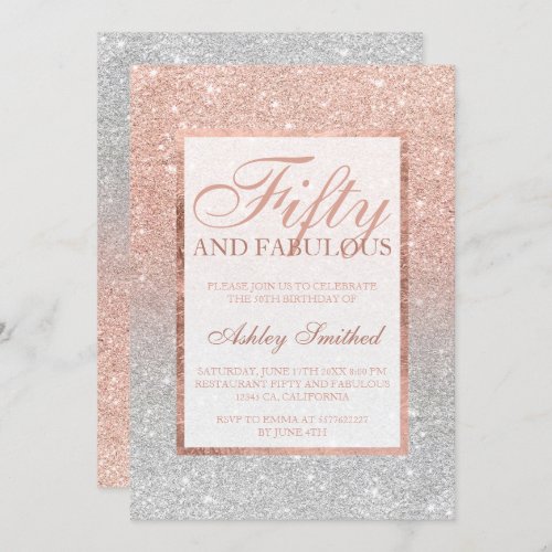 rose gold glitter silver chic fifty fabulous invitation