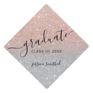 rose gold glitter silver chic typography graduate graduation cap topper