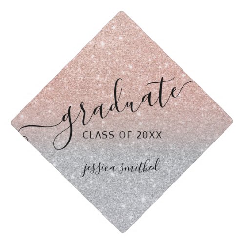 rose gold glitter  silver chic typography graduate graduation cap topper