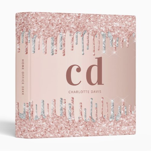 Rose gold glitter silver monogram initials name 3 ring binder