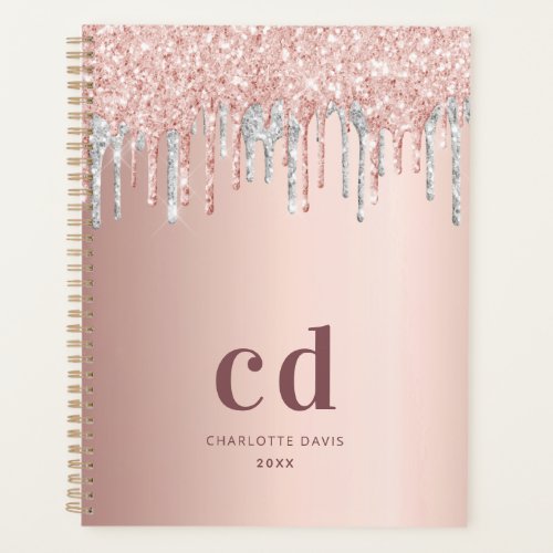 Rose gold glitter silver monogram initials planner