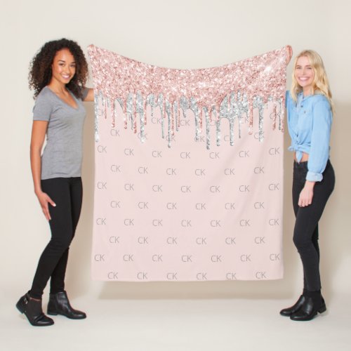 Rose gold glitter silver pink monogram fleece blanket