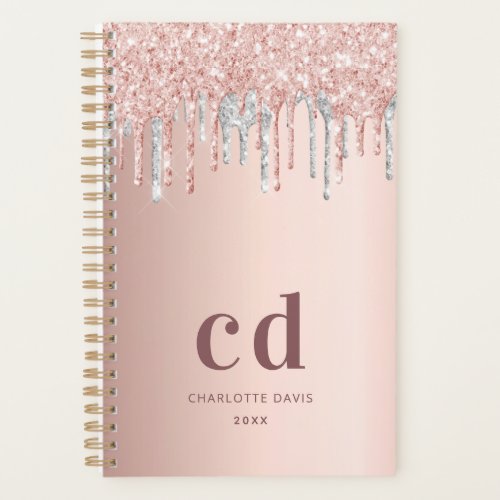 Rose gold glitter silver pink monogram planner