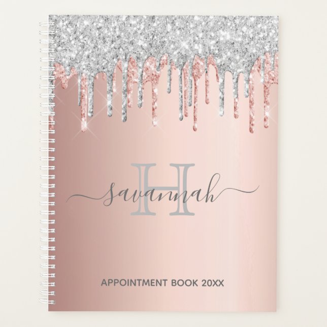 Rose gold glitter silver pink monogram planner (Front)