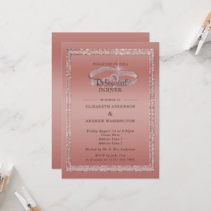 Rose Gold Glitter & Silver Rings Rehearsal Dinner Invitation