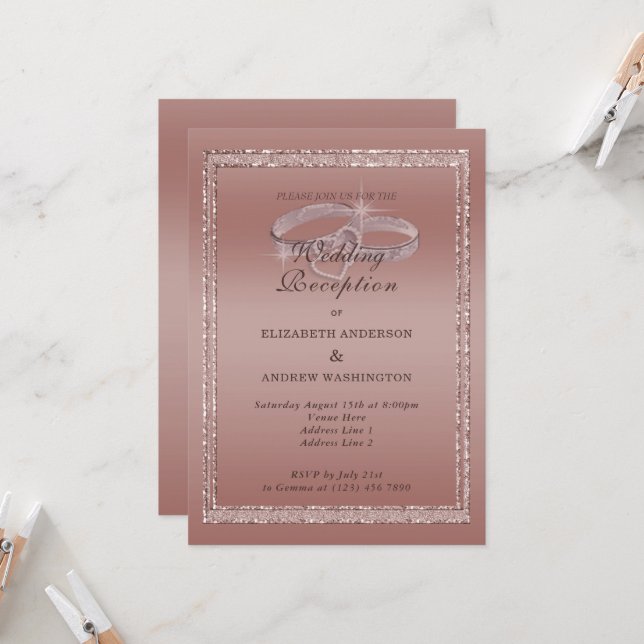 Rose Gold Glitter, Silver Rings Wedding Reception  Invitation (Front/Back In Situ)