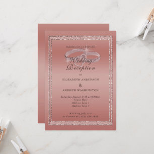 Rose Gold Glitter, Silver Rings Wedding Reception  Invitation