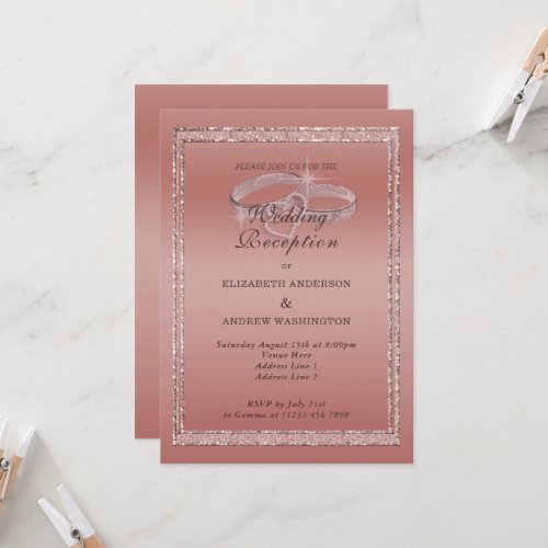 Rose Gold Glitter Silver Rings Wedding Reception  Invitation