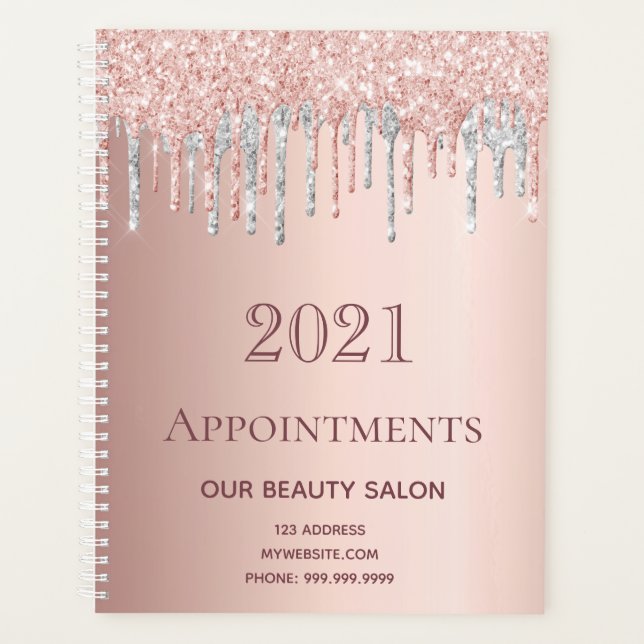Rose gold glitter silver salon appointments 2025 planner (Front)