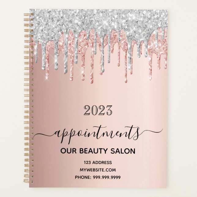Rose gold glitter silver salon appointments planner (Front)