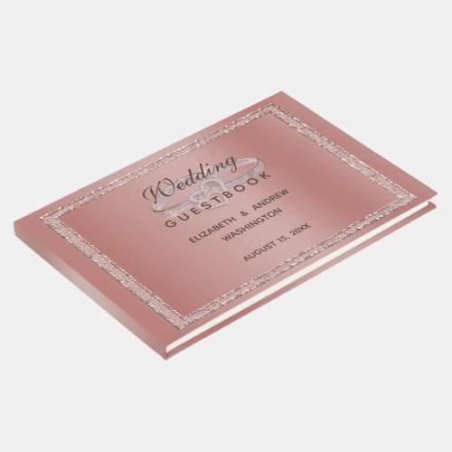 Rose Gold Glitter  Silver Wedding Rings Guest Book