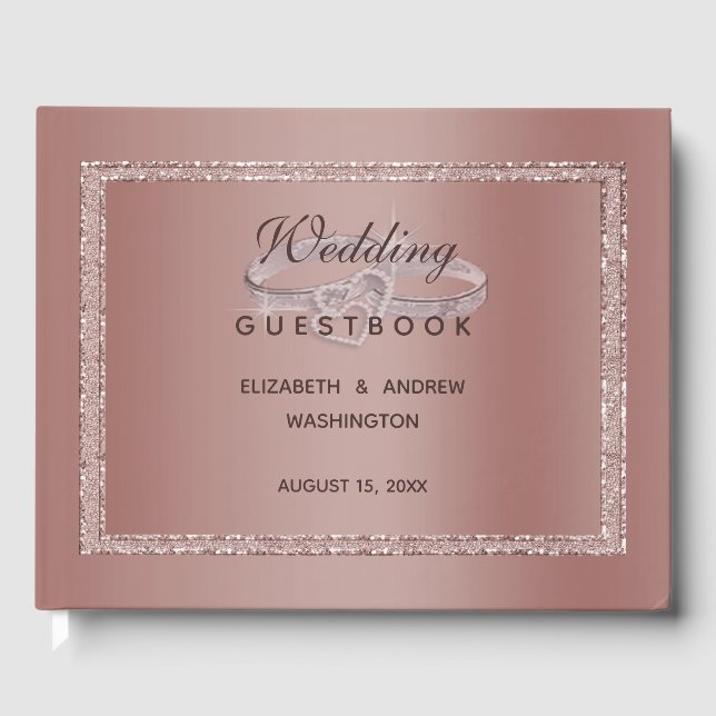 Rose Gold Glitter & Silver Wedding Rings Guest Book (Front)