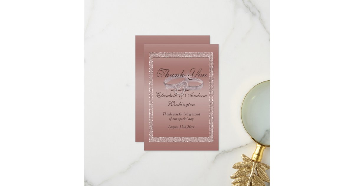 Rose Gold Glitter & Silver Wedding Rings Thank You Card | Zazzle