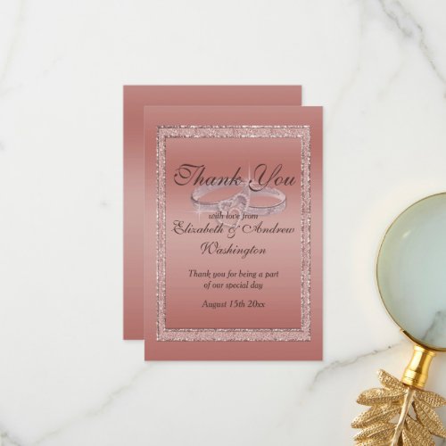 Rose Gold Glitter  Silver Wedding Rings  Thank You Card