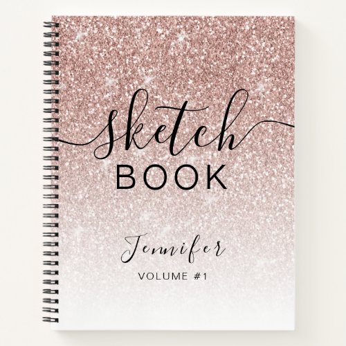 Rose Gold Glitter Sketchbook Name Elegant Script Notebook