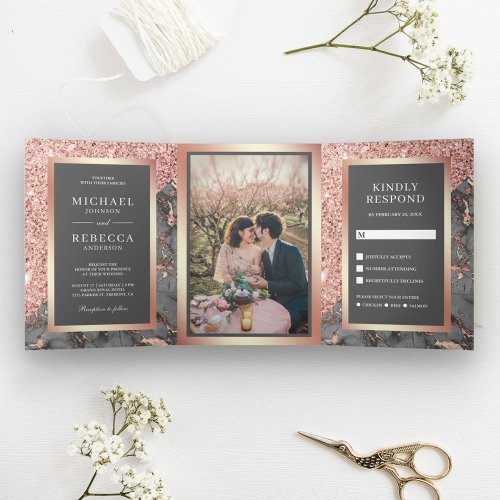 Rose Gold Glitter Slate Grey Marble Photo Wedding Tri_Fold Invitation