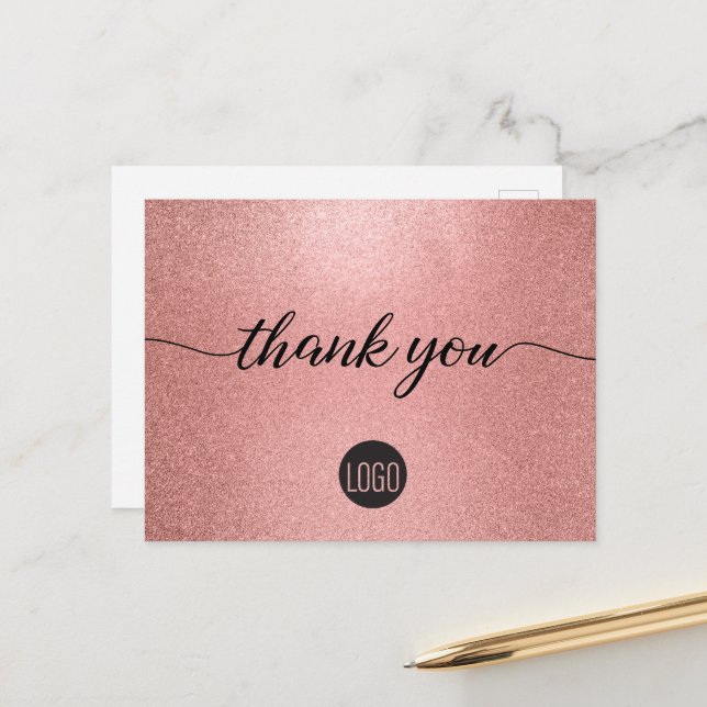 Rose Gold glitter Small business Customer Postcard (Front/Back In Situ)