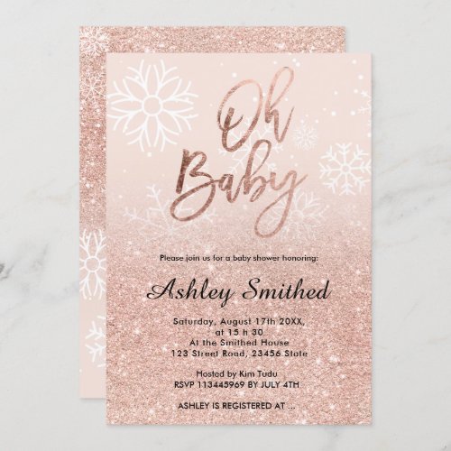 Rose gold glitter snow pink ombre Oh baby shower Invitation