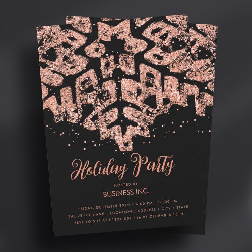 Rose Gold Glitter Snowflake Holiday Party Black Invitation