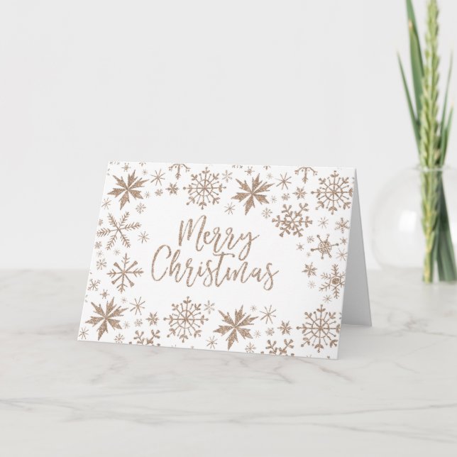 Rose Gold Glitter Snowflake Merry Christmas Cards (Front)