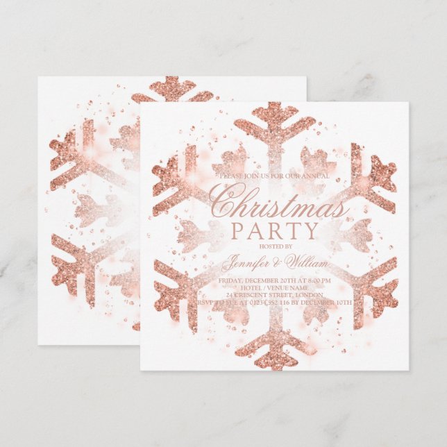 Rose Gold Glitter Snowflake Xmas Holiday Party Inv Invitation (Front/Back)
