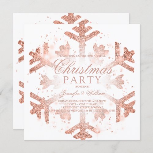 Rose Gold Glitter Snowflake Xmas Holiday Party Inv Invitation