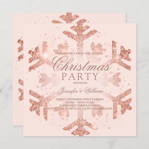 Rose Gold Glitter Snowflake Xmas Holiday Party  Invitation