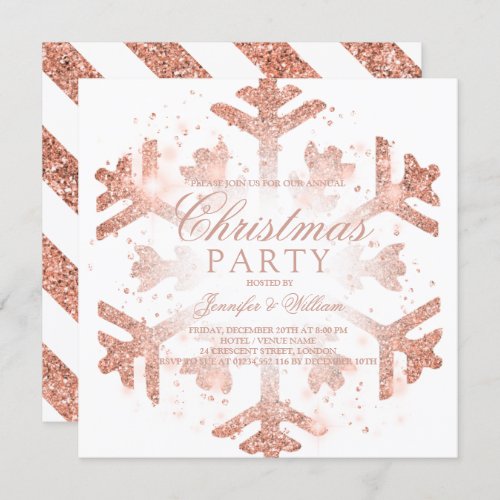 Rose Gold Glitter Snowflake Xmas Holiday Party Invitation