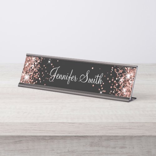 Rose Gold Glitter Solid Black Desk Name Plate