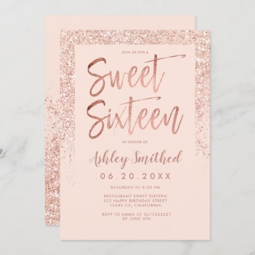 Rose gold glitter sparkle blush pink sweet sixteen invitation