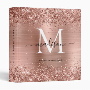 Rose Gold Glitter Sparkle Brushed Metal Monogram 3 Ring Binder