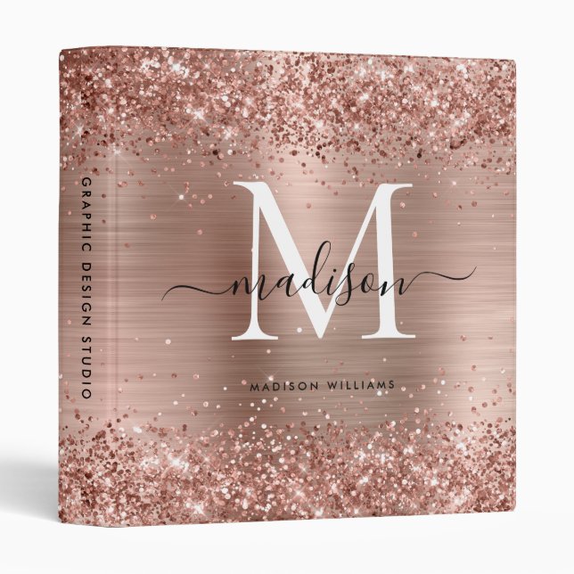Rose Gold Glitter Sparkle Brushed Metal Monogram 3 Ring Binder (Front/Spine)