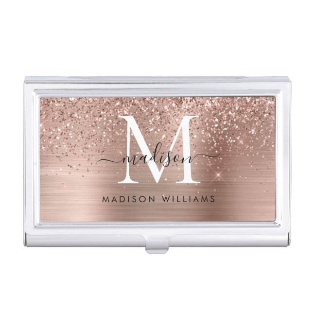 Rose Gold Glitter Sparkle Brushed Metal Monogram Business Card Case (Front)